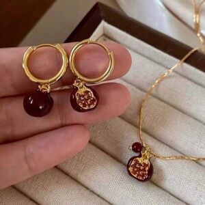 Gold Hoop Earrings with Deep Red Pomegranate Charms